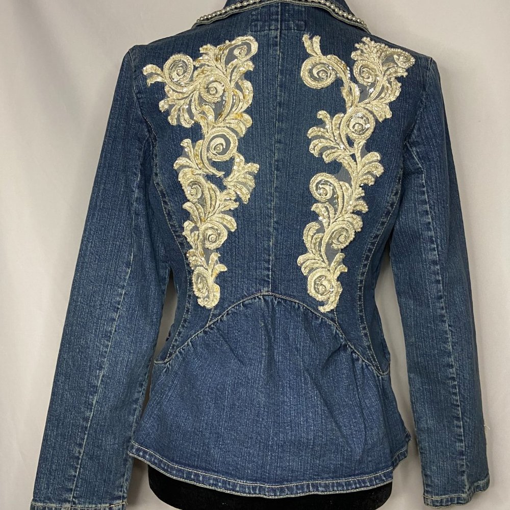 Upcycled Embellished Handstitched Bridal Vintage Lace Demin Jacket/Blazer S/M - Picture 9 of 14